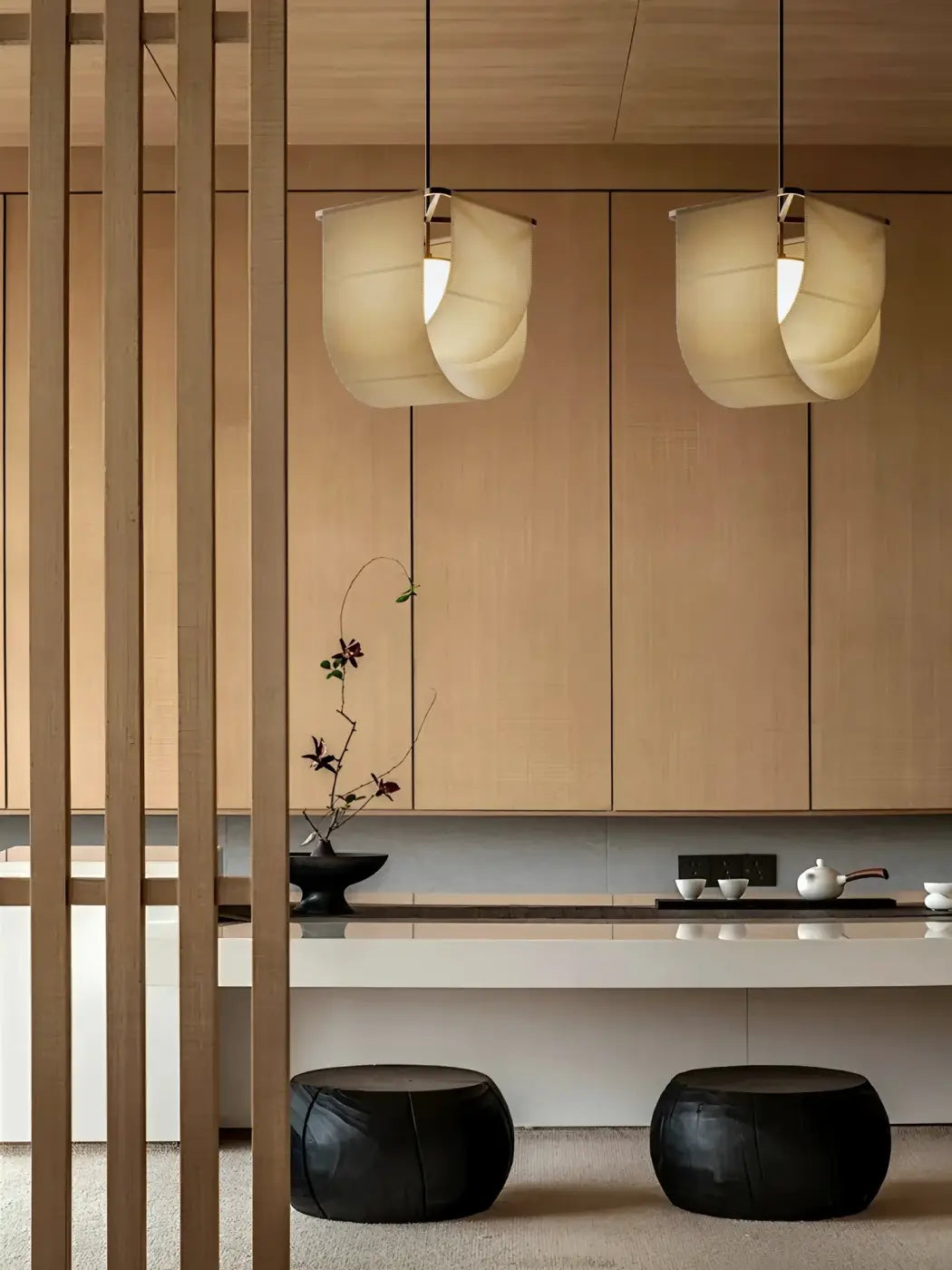 Suspension luminaire style asiatique en tissu beige et métal
