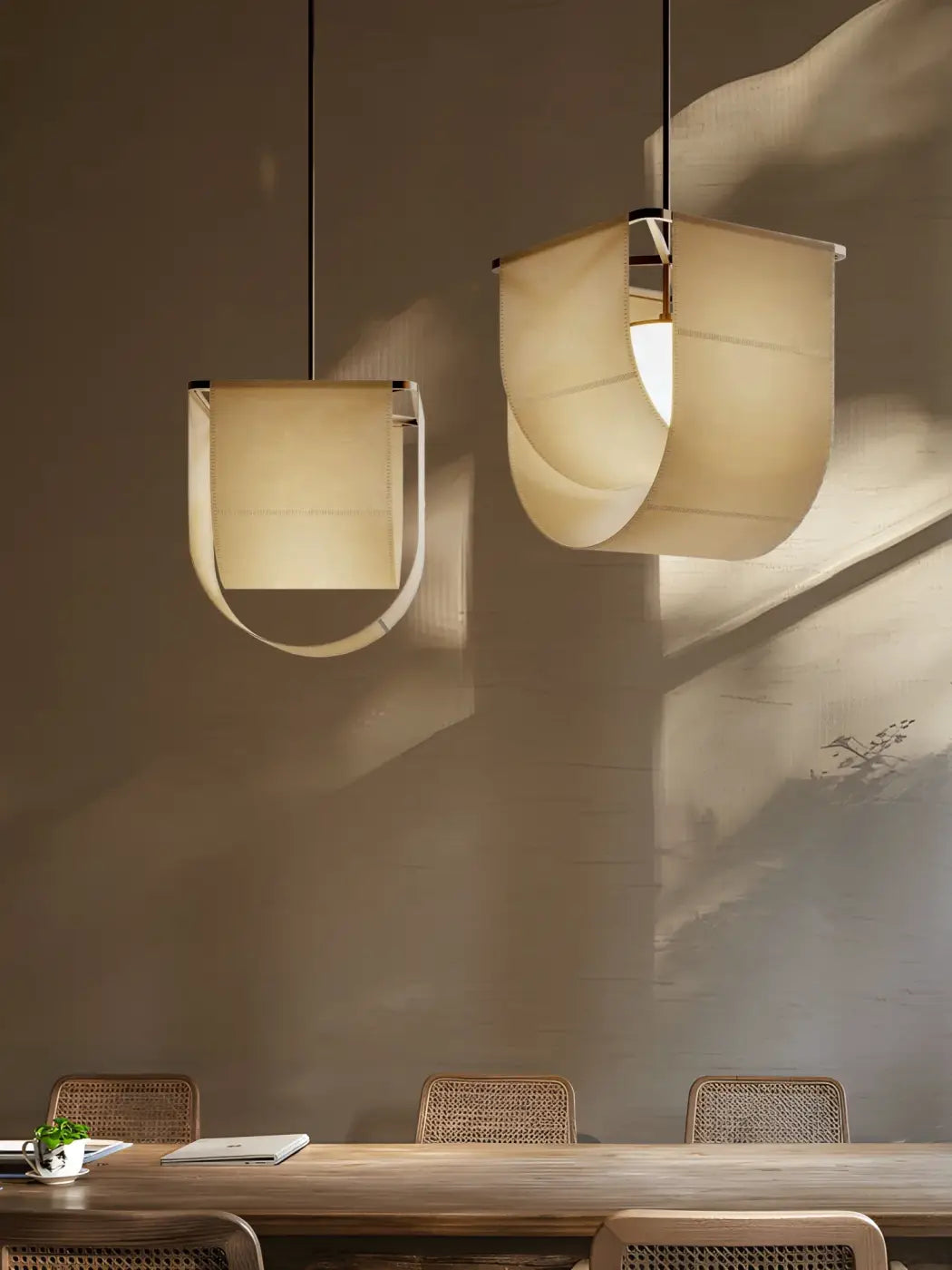 Suspension luminaire style asiatique en tissu beige et métal