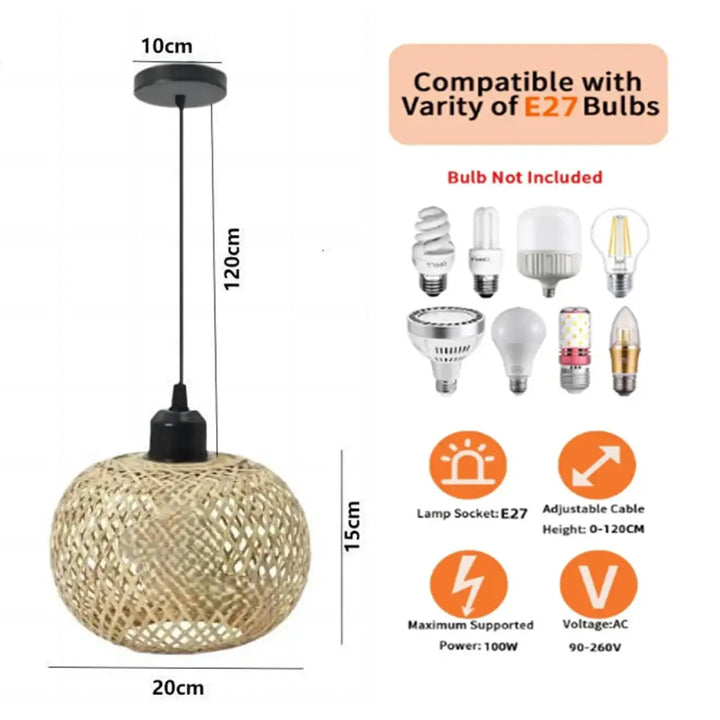 Suspension luminaire lina en bambou tressé avec fixation de plafond noire et cordon réglable pour une ambiance chaleureuse style bohème