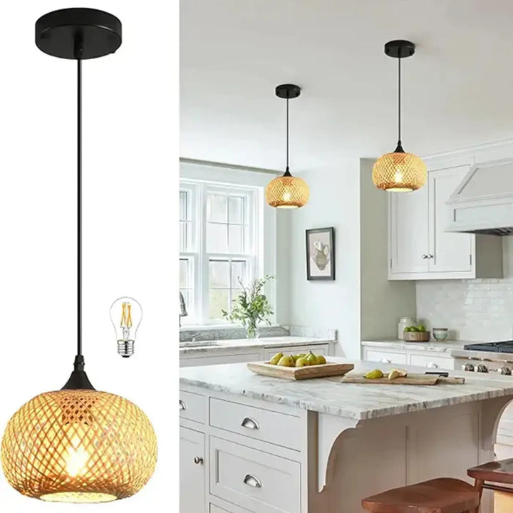 Suspension luminaire lina en bambou tissé ton chaud avec fixation et câble en métal noir ambiance chaleureuse bohème