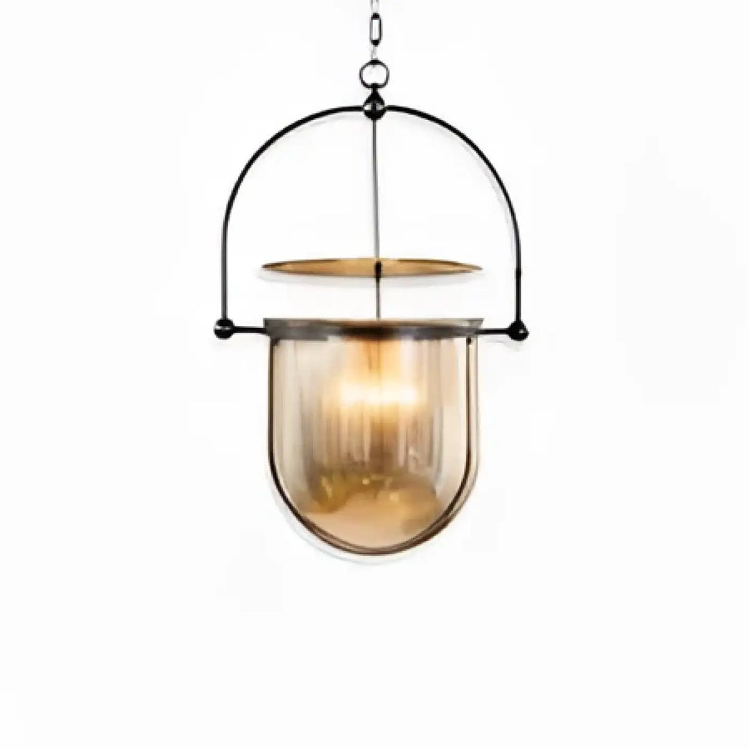 Lampe suspendue suspension luminaire elysia avec cadre métal noir et abat-jour verre ambre pour ampoules led