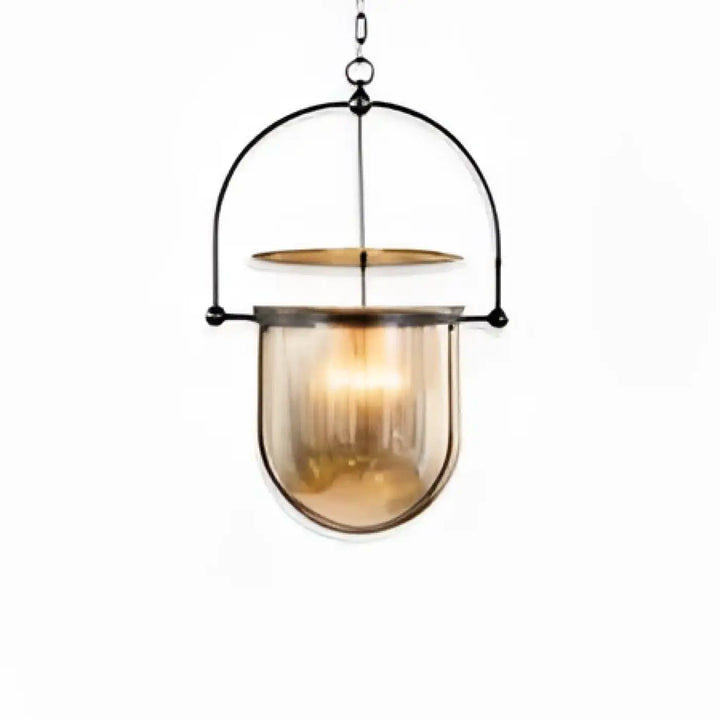 Lampe suspendue suspension luminaire elysia avec cadre métal noir et abat-jour verre ambre pour ampoules led