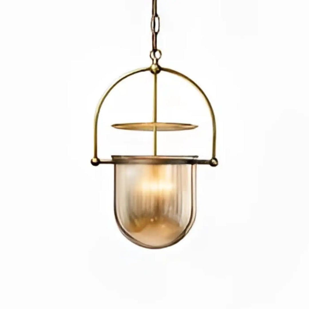 Lampe suspendue cuivre poli with a warm amber glass shade and minimalist arched metal frame suspension luminaire elysia
