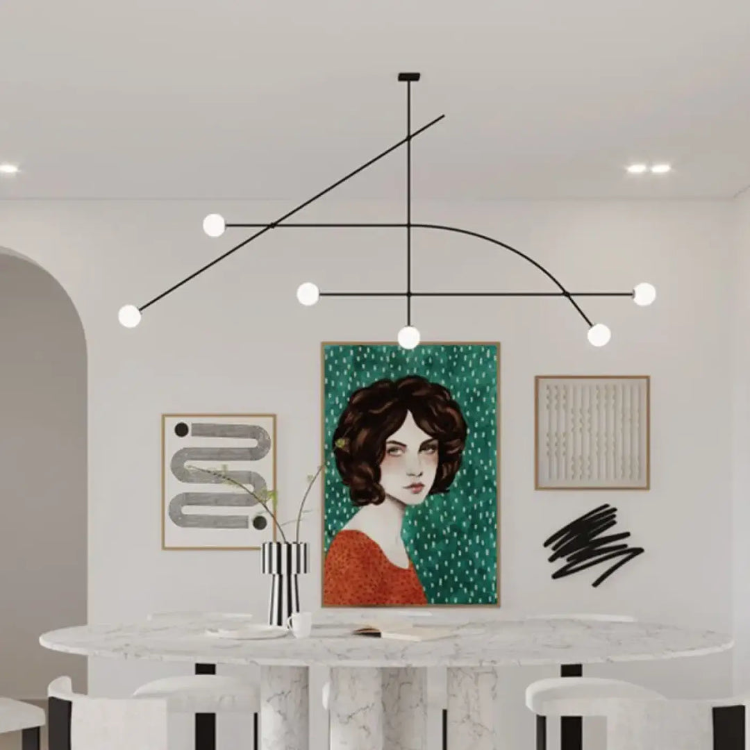 Suspension luminaire style moderne moack en métal noir avec six globes blancs asymétriques géométriques