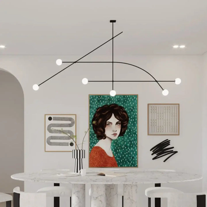 Suspension luminaire style moderne moack en métal noir avec six globes blancs asymétriques géométriques
