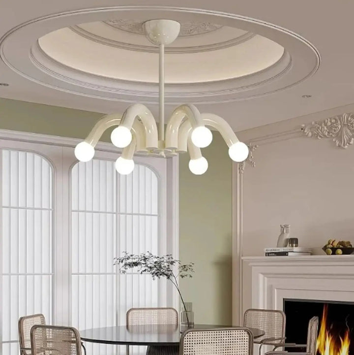 Suspension luminaire kandi blanc moderne avec bras courbés et ampoules sphériques style pop art
