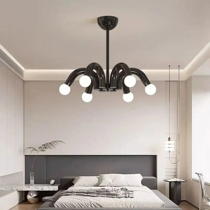 Suspension luminaire kandi noir avec bras courbés et ampoules sphériques style pop art moderne