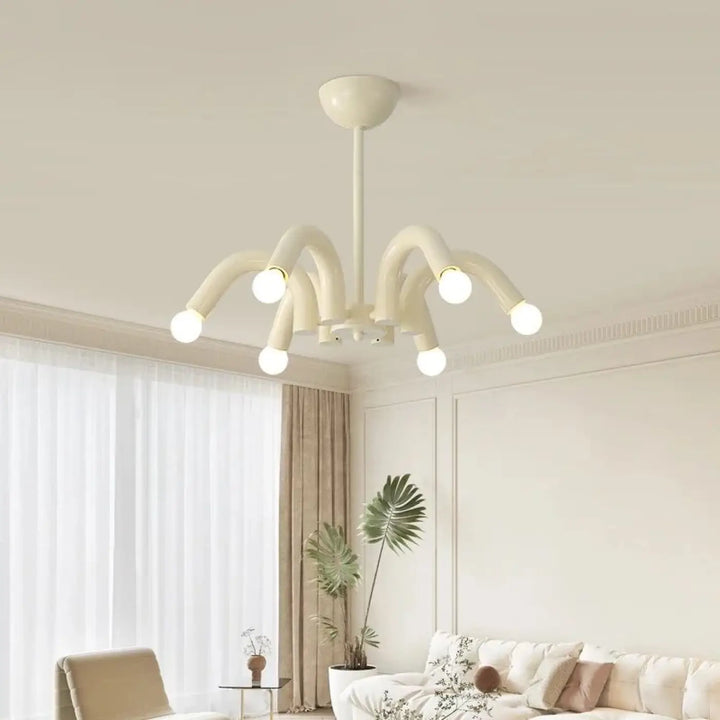 Suspension luminaire kandi crème moderne avec six bras courbés et ampoules sphériques style pop art