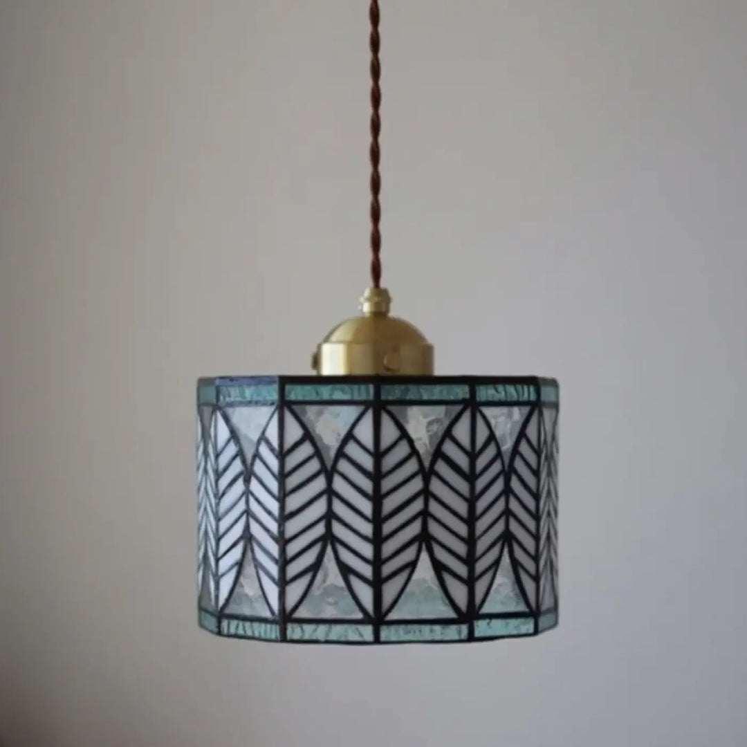 Suspension luminaire style tiffany verre ambré motif feuille vintage