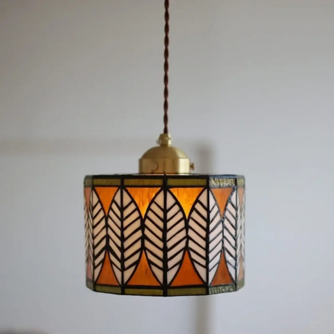 Suspension luminaire style tiffany verre ambré motif feuille vintage