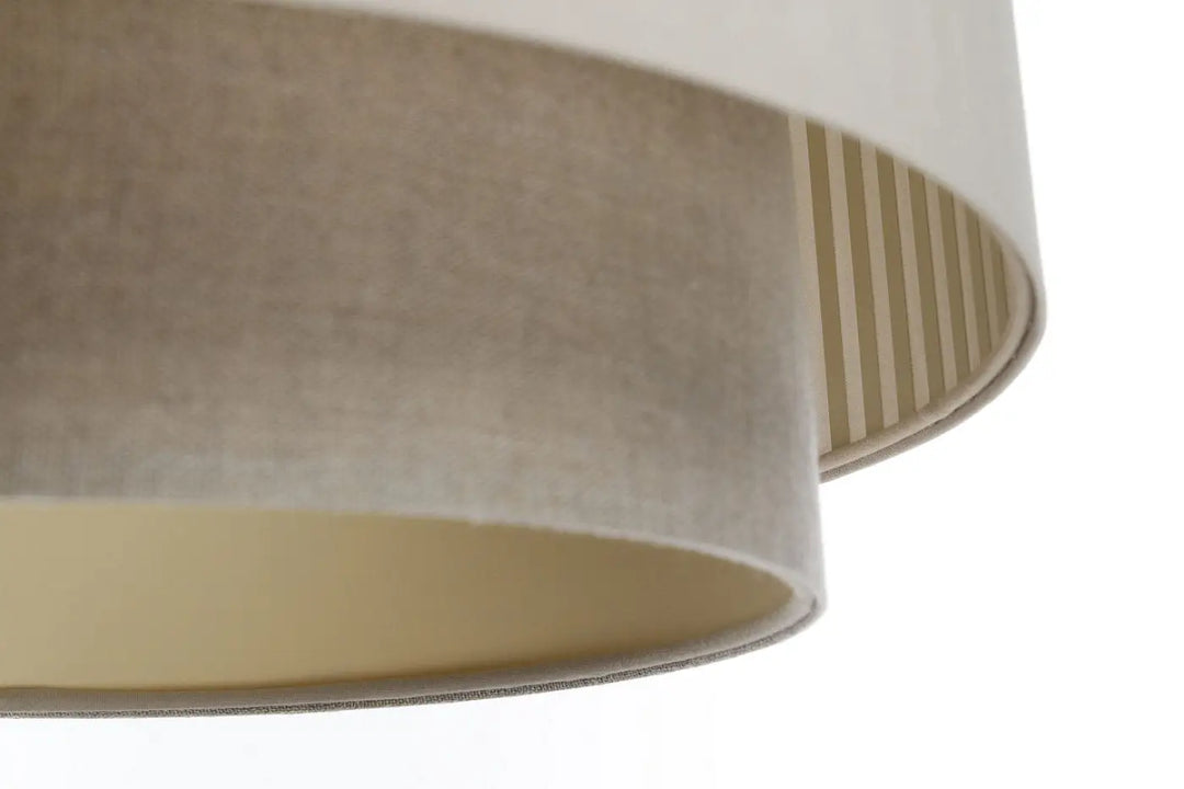 Beige textured fabric suspension luminaire duo lami line with striped interior lining in style moderne chic