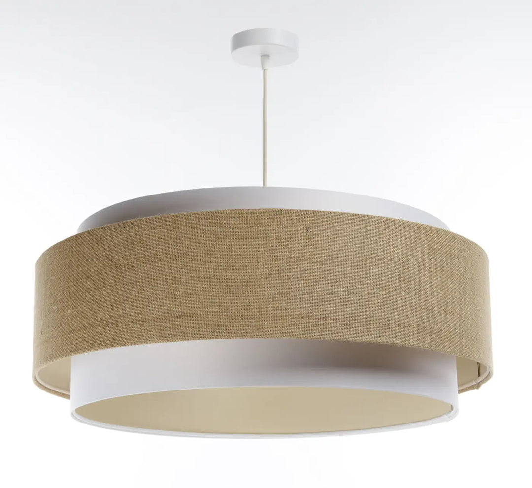 Suspension luminaire doblo classic avec abat-jour beige en tissu blanc et structure blanche pour décoration intérieure moderne