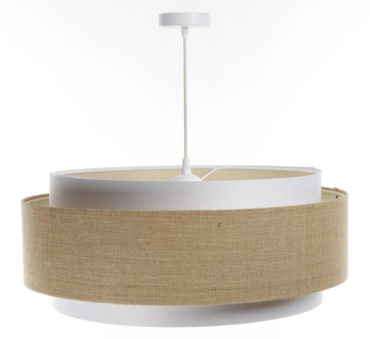 Suspension luminaire doblo classic avec base en plastique blanc et abat-jour concentrique tissu blanc et beige burlap pour décoration intérieure