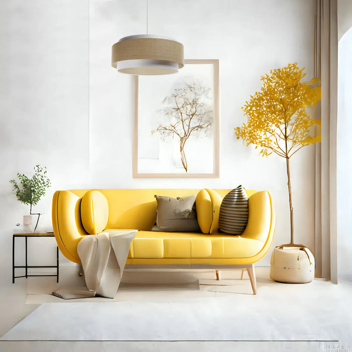 Suspension luminaire doblò classic blanc en tissu blanc avec canapé jaune lumineux pour décoration intérieure élégante