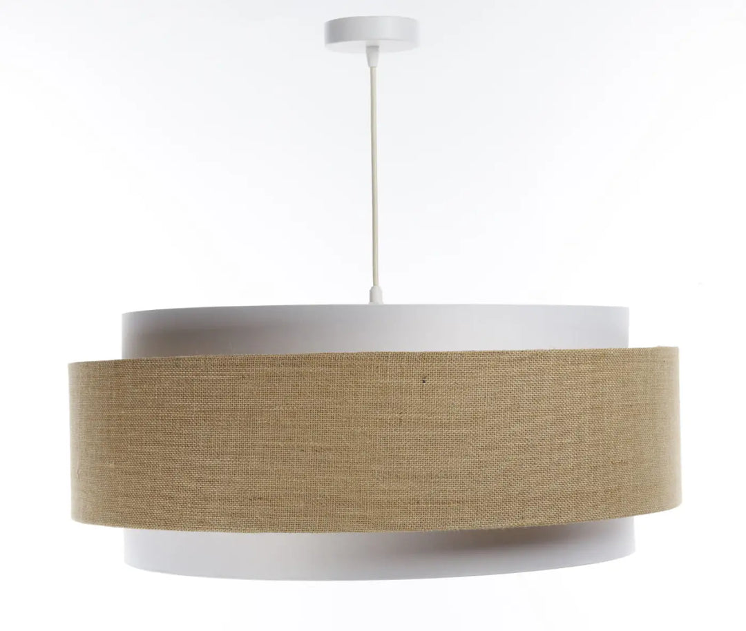 Suspension luminaire doblo classic avec cadre métal blanc et abat-jour en tissu blanc beige pour décoration intérieure