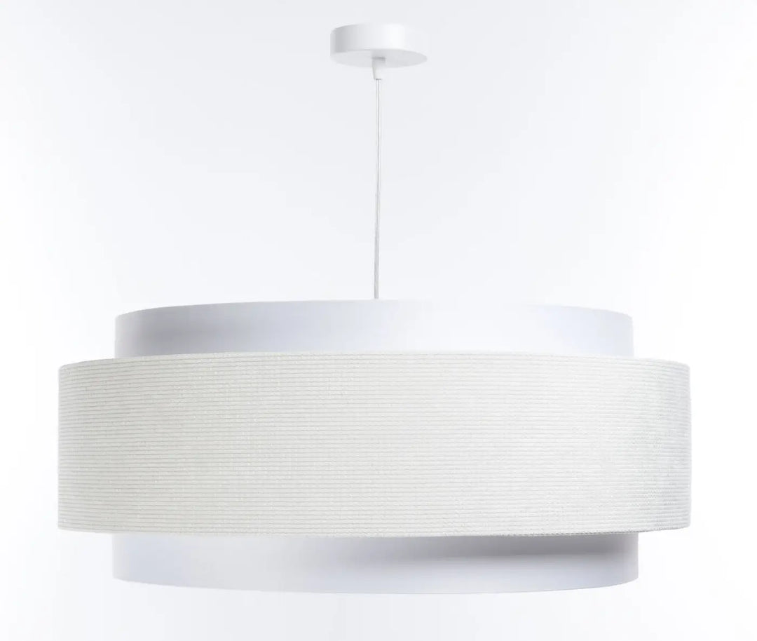 Suspension luminaire doblo classic blanc avec abat-jour en tissu blanc texturé et finitions raffinées en anneaux lisses