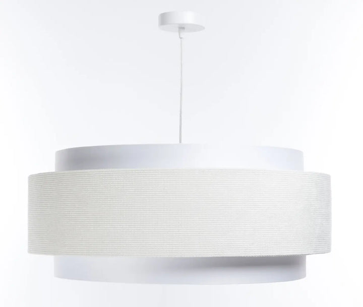 Suspension luminaire doblo classic blanc avec abat-jour en tissu blanc texturé et finitions raffinées en anneaux lisses