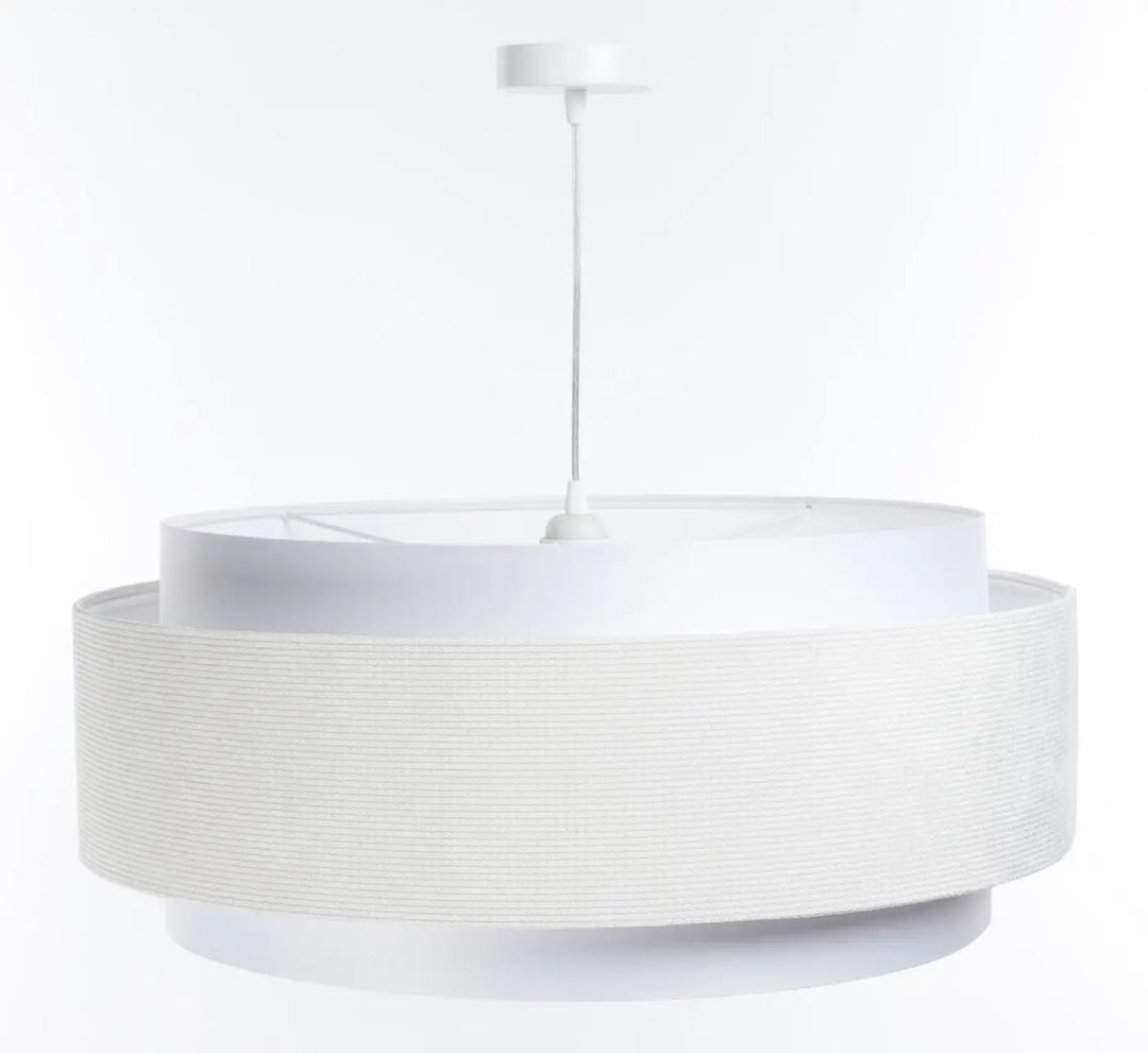 Suspension luminaire doblo classic blanc avec abat-jour en tissu blanc texturé et finitions raffinées minimalistes
