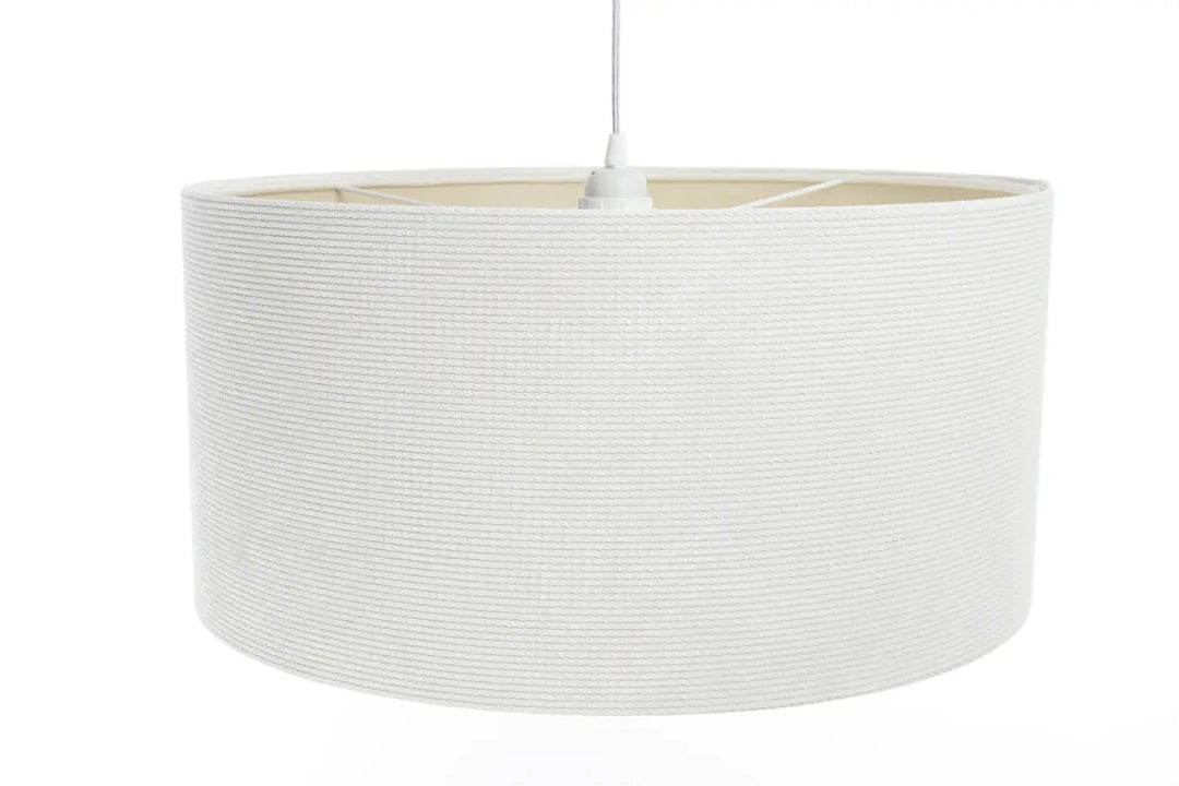 Suspension luminaire blanc crème avec abat-jour cylindrique en tissu blanc crème texturé et intérieur lisse
