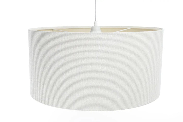 Suspension luminaire blanc crème avec abat-jour cylindrique en tissu blanc crème texturé et intérieur lisse