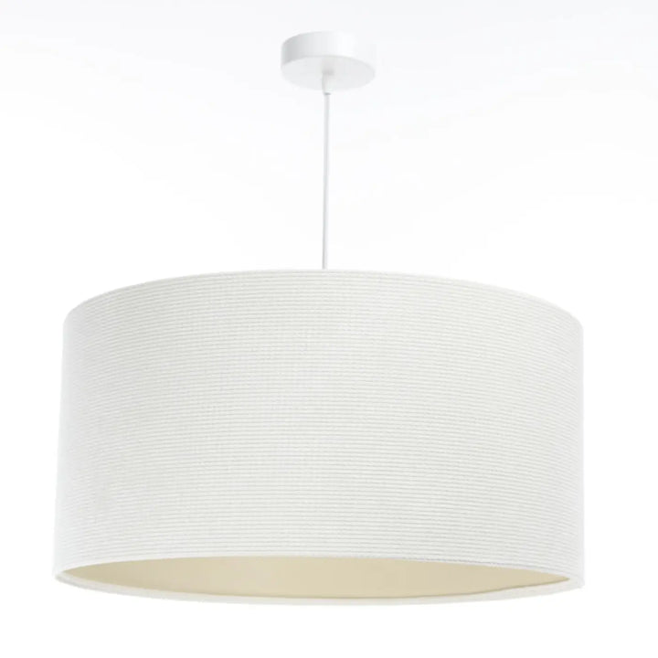 Suspension luminaire cylindrique blanc crème en tissu blanc crème avec abat-jour texturé et fixation plafond assortie