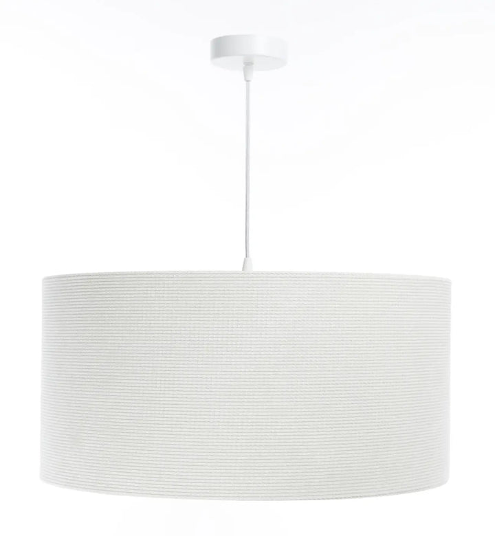 Suspension luminaire blanc crème avec abat-jour en tissu blanc crème côtelé et fixation plafond assortie