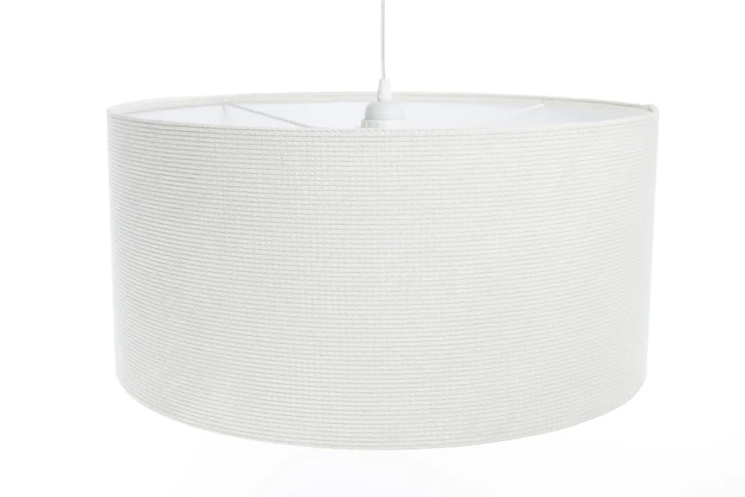 Suspension luminaire blanc crème avec abat-jour cylindrique en tissu blanc crème texturé à surface nervurée
