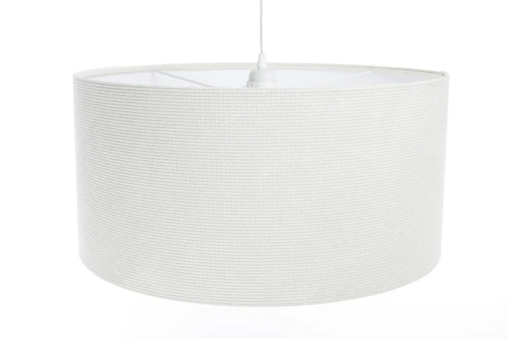 Suspension luminaire blanc crème avec abat-jour cylindrique en tissu blanc crème texturé à surface nervurée
