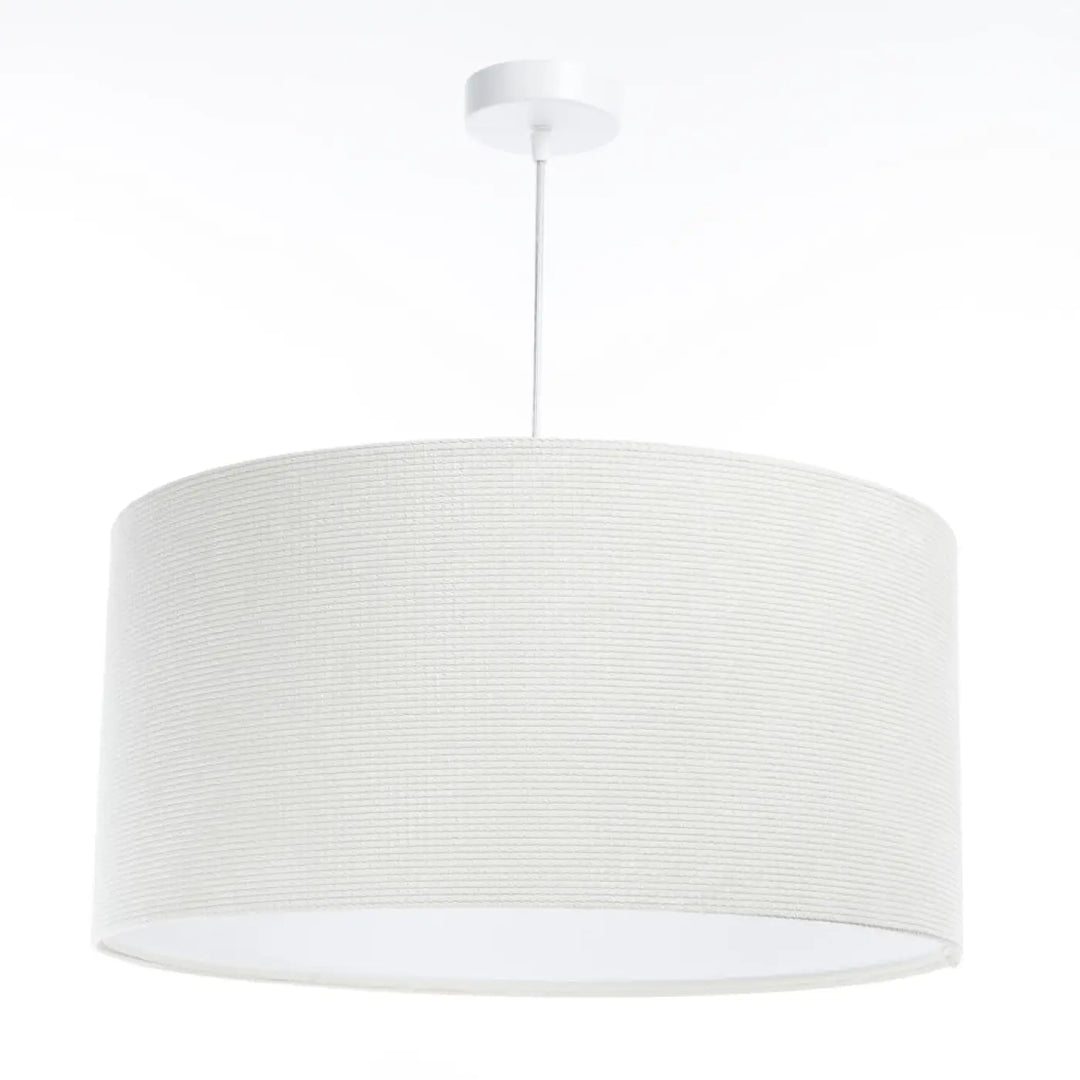 Suspension luminaire blanc crème avec abat-jour cylindrique en tissu blanc crème texturé et fixation plafond blanche