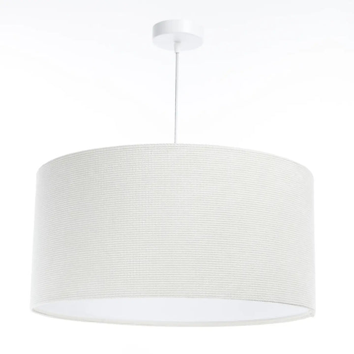Suspension luminaire blanc crème avec abat-jour cylindrique en tissu blanc crème texturé et fixation plafond blanche