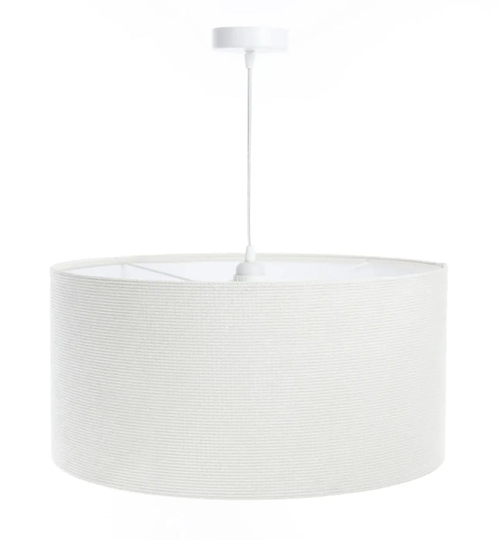 Suspension luminaire blanc crème avec abat-jour en tissu blanc crème texturé et fixation plafond assortie