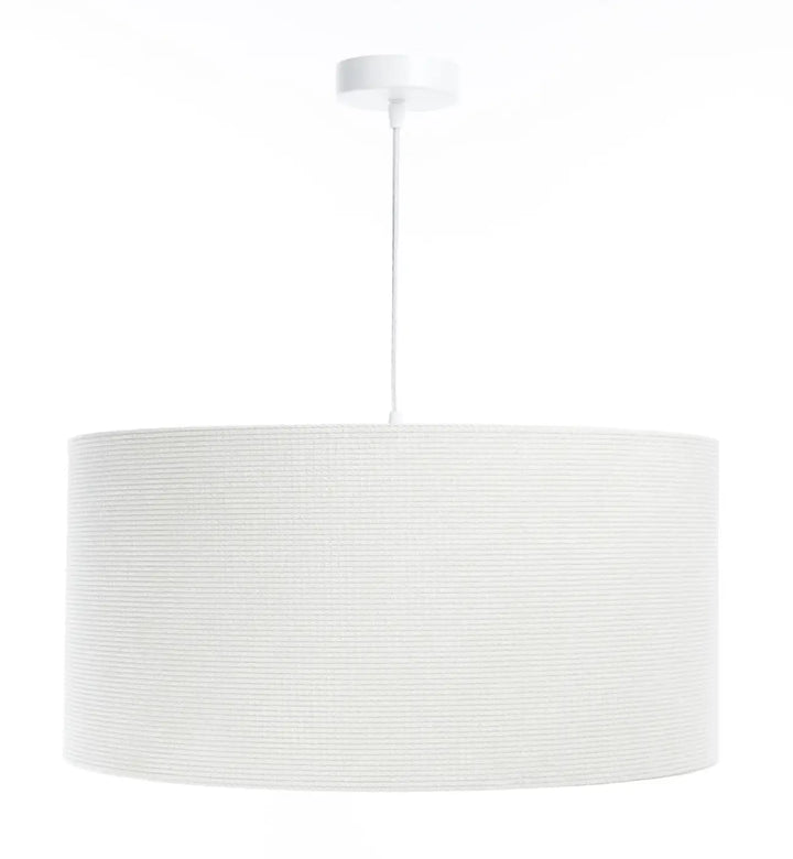 Suspension luminaire blanc crème en tissu blanc crème avec abat-jour cylindrique texturé et fixation plafond assortie