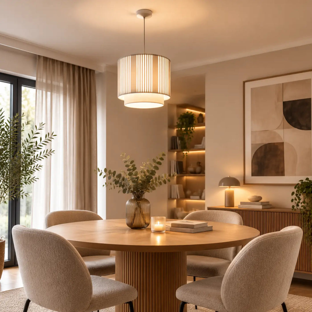 Suspension luminaire duo lami line en tissu blanc moderne chic avec abat-jour cylindrique à lattes verticales et lumière douce