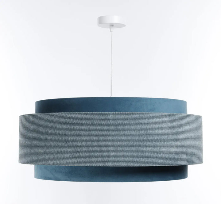 Suspension luminaire doblo classic bleu clair avec abat-jour cylindrique en tissu bleu clair tissé argent et gris foncé