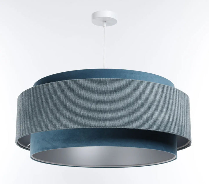 Suspension luminaire doblo classic bleu clair avec tissu bleu clair texturé à deux niveaux et intérieur bleu marine lisse