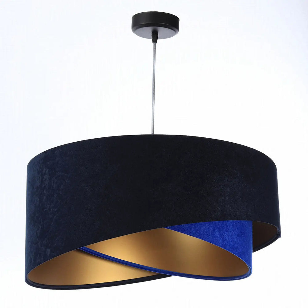Suspension luminaire galaxy velour 50 cm en tissu bleu marine avec doublure dorée et anneau bleu royal vibrant