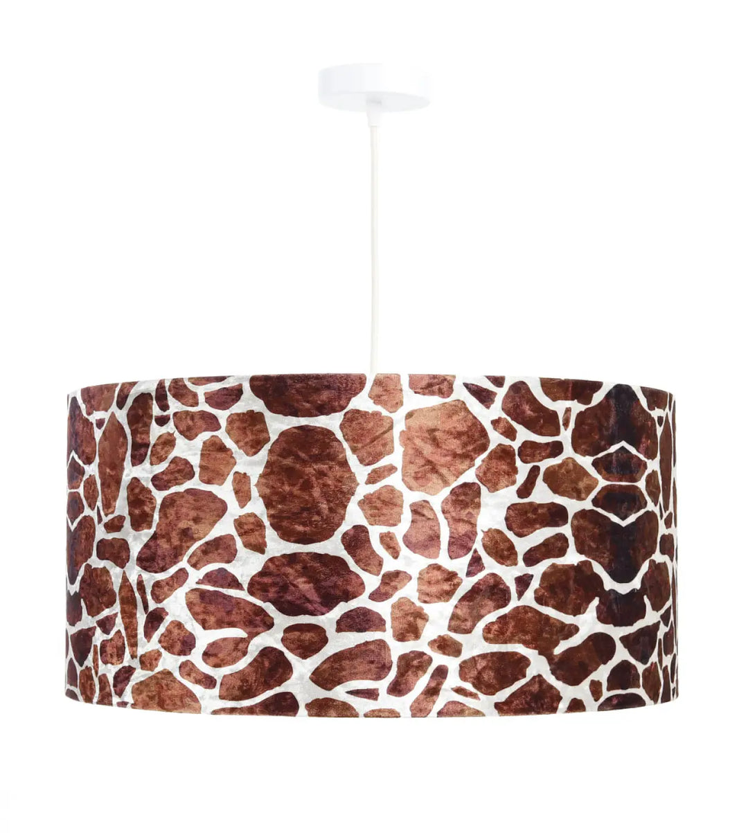 Suspension luminaire safari avec abat-jour cylindrique en tissu girafe marron clair blanc suspendu par cordon blanc
