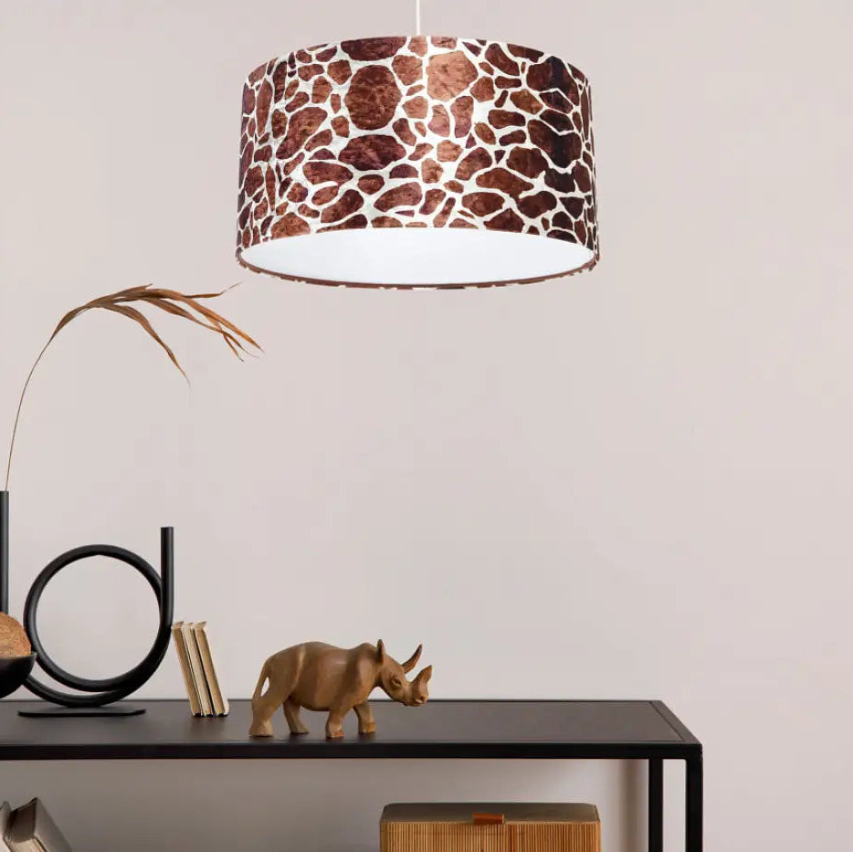 Suspension luminaire cylindrique avec tissu girafe marron marron clair et blanc pour décoration safari