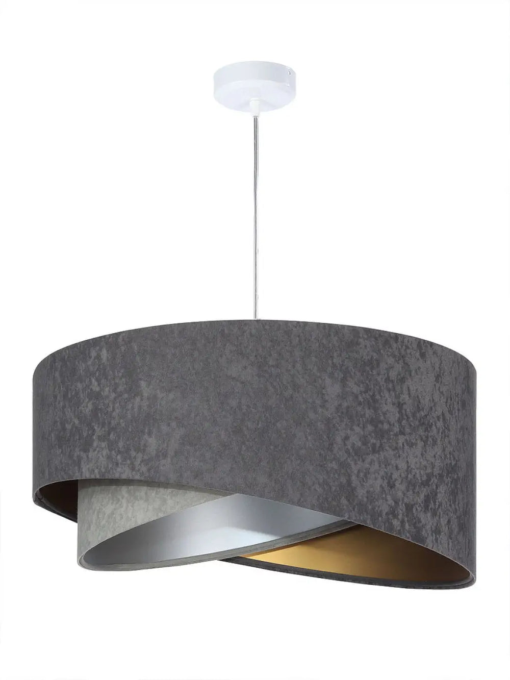 Suspension luminaire galaxy velour 50 cm tissu graphite avec anneaux métalliques argenté chic et doré