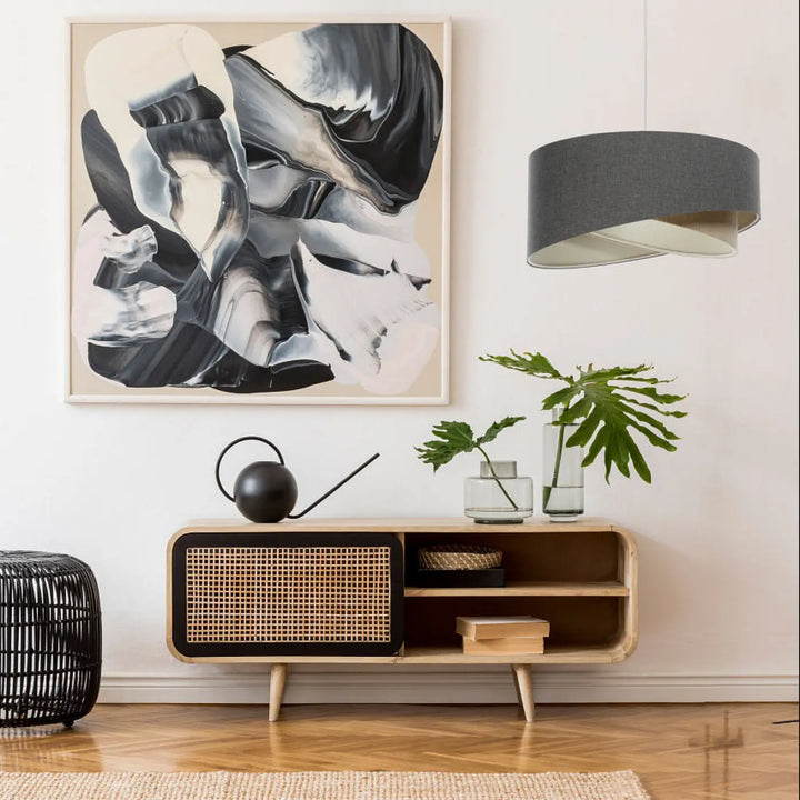 Suspension luminaire galaxy boho elegant en tissu graphite avec sideboard en bois moderne panneau cannage naturel jambes fuselées