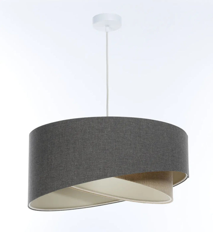 Suspension luminaire design sculptural en tissu graphite avec intérieur beige et forme cylindrique torsadée moderne