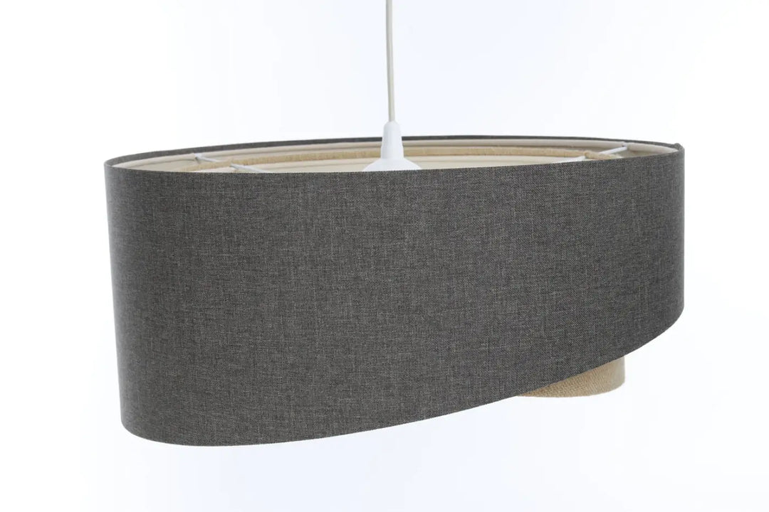 Suspension luminaire design sculptural en tissu graphite avec tige centrale blanche pour intérieur élégant boho