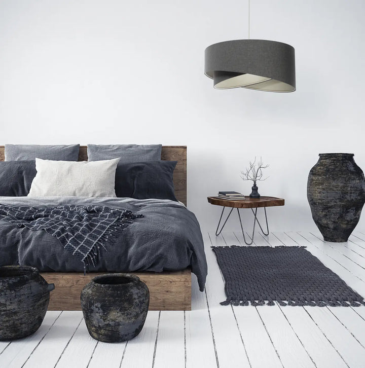 Suspension luminaire galaxy boho elegant en tissu graphite avec design sculptural et abat-jour cylindrique gris moderne