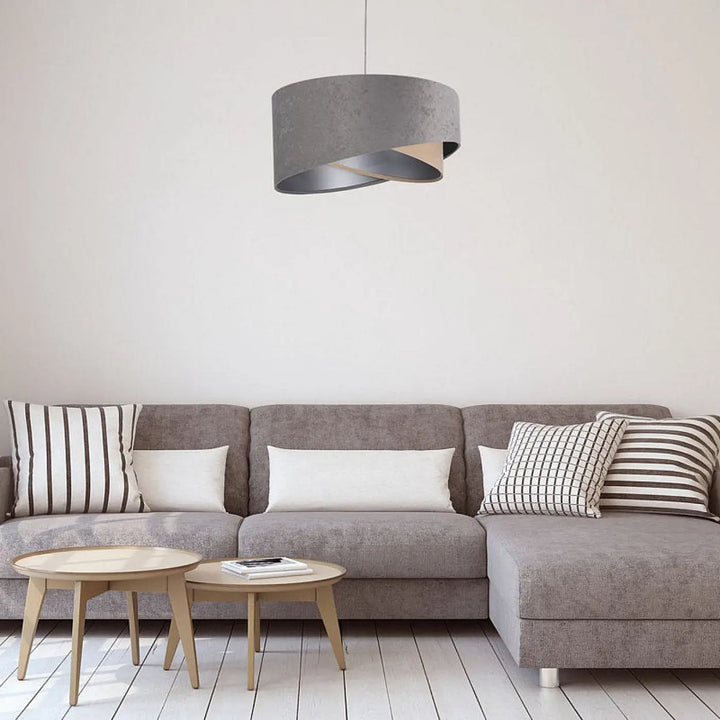 Suspension luminaire galaxy velour 50 cm en tissu gris avec design torsadé beige argenté chic et finition texturée