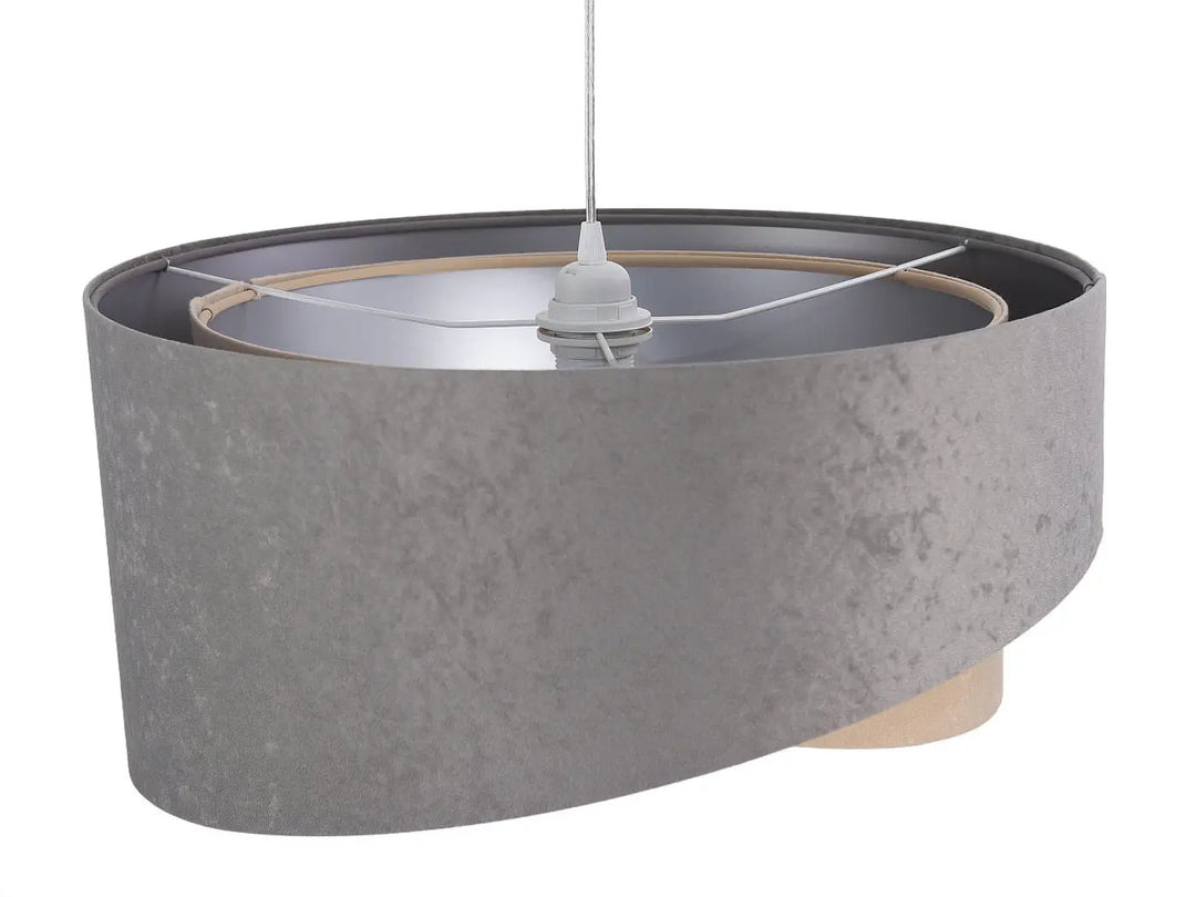 Suspension luminaire galaxy velour 50 cm en gris béton avec base en bois beige argenté chic design minimaliste
