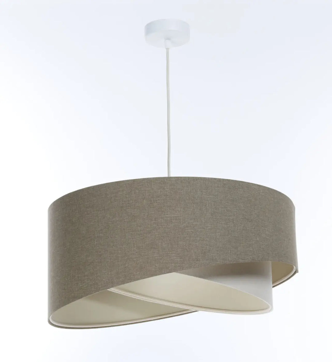 Suspension luminaire galaxy boho elegant en tissu gris marron beige avec doublure intérieure crème et cordon suspendu