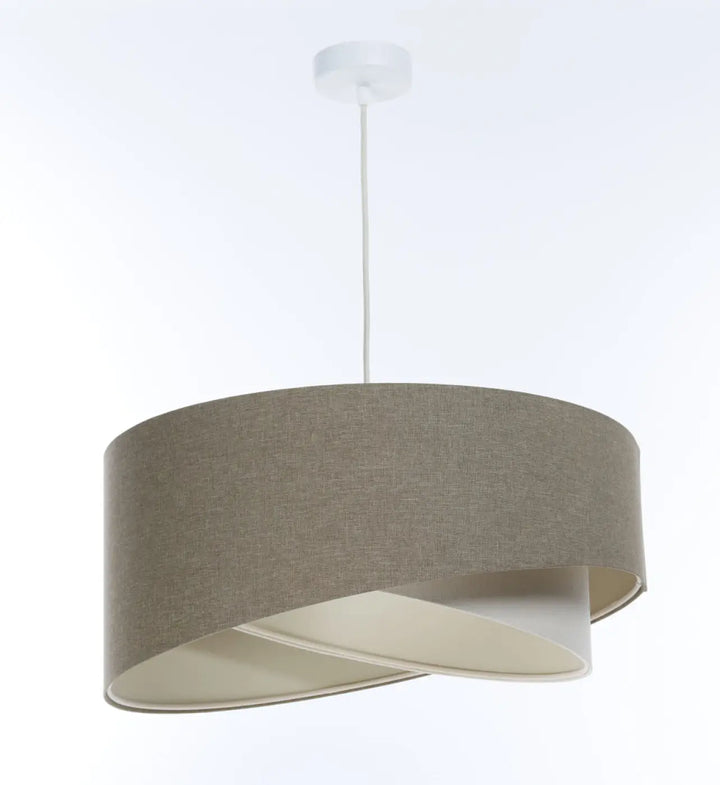 Suspension luminaire galaxy boho elegant en tissu gris marron beige avec doublure intérieure crème et cordon suspendu