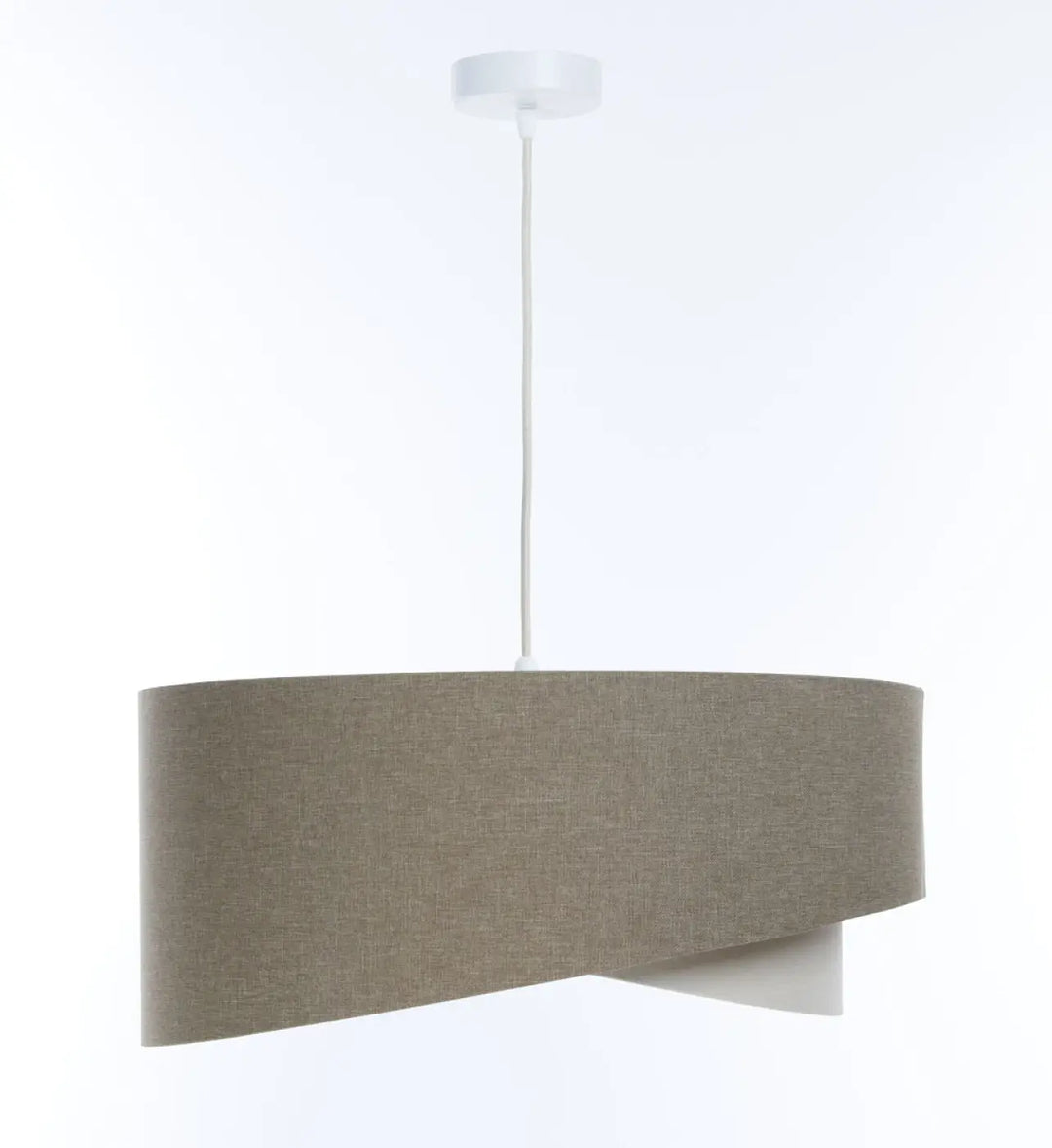 Suspension luminaire gris marron en tissu gris marron avec design moderne torsadé et fixation plafond blanche