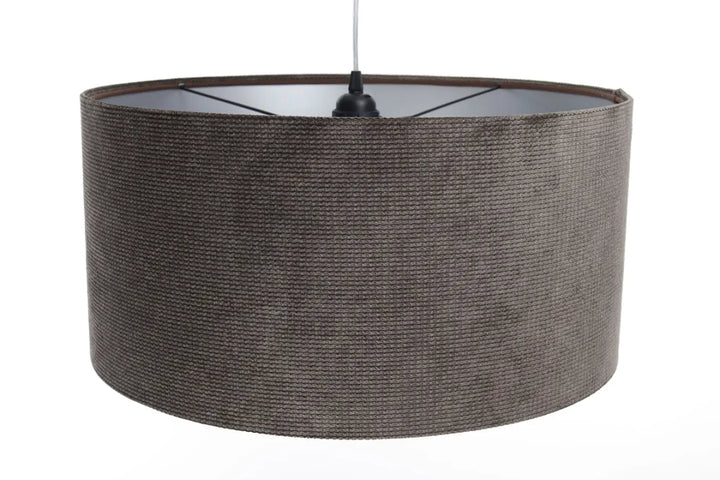 Suspension luminaire glamour structural velour en tissu gris marron avec abat-jour tressé brun foncé à surface nervurée