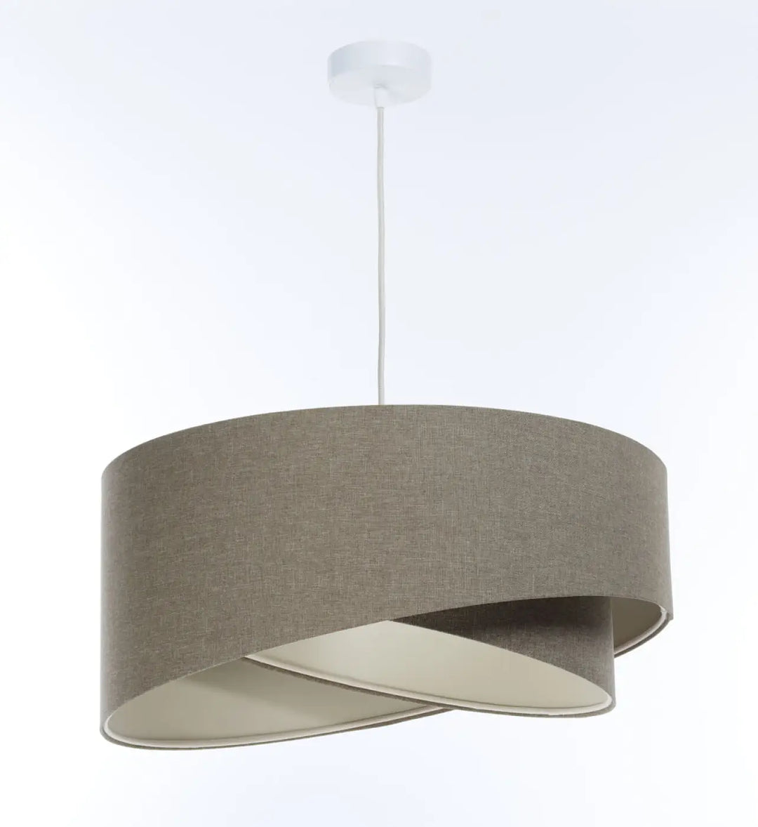 Suspension luminaire moderne en tissu gris marron avec design circulaire superposé et fixation plafond blanc